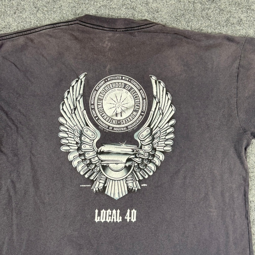 IBEW T-Shirt Mens Size XL Faded Black Pocket Graphic Local 40 Hollywood Stained